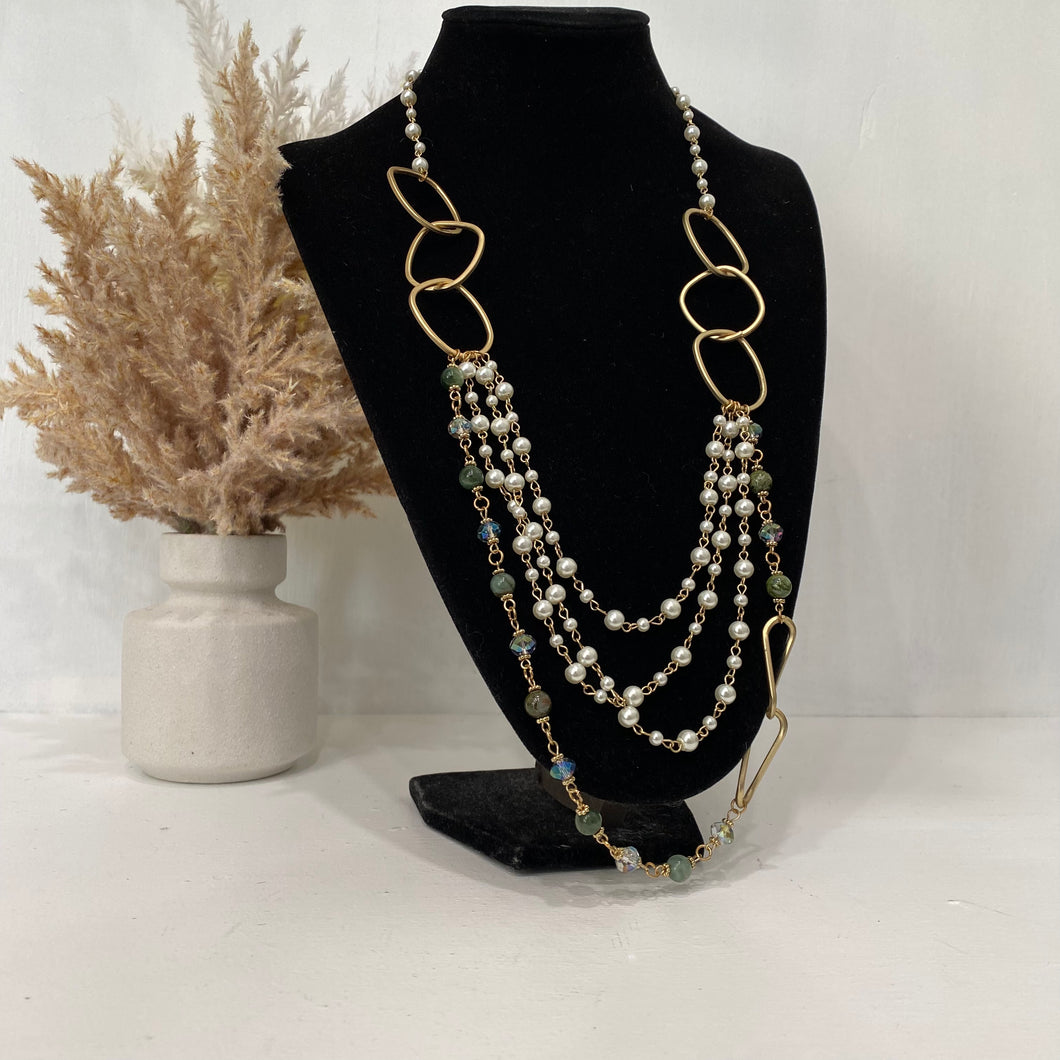 Gold Necklace With Layered White And Green Pearls