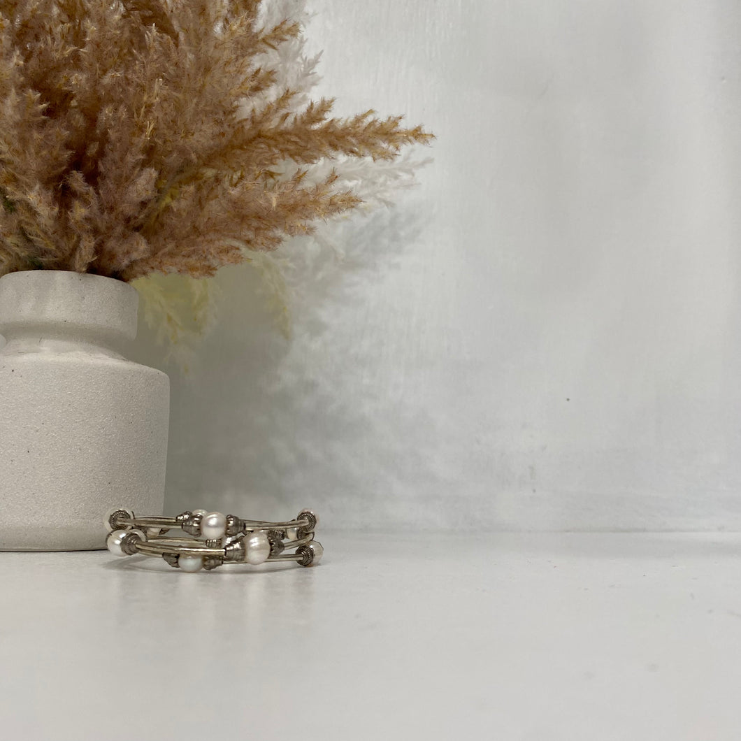 Silver Loop Bracelet With Pearls