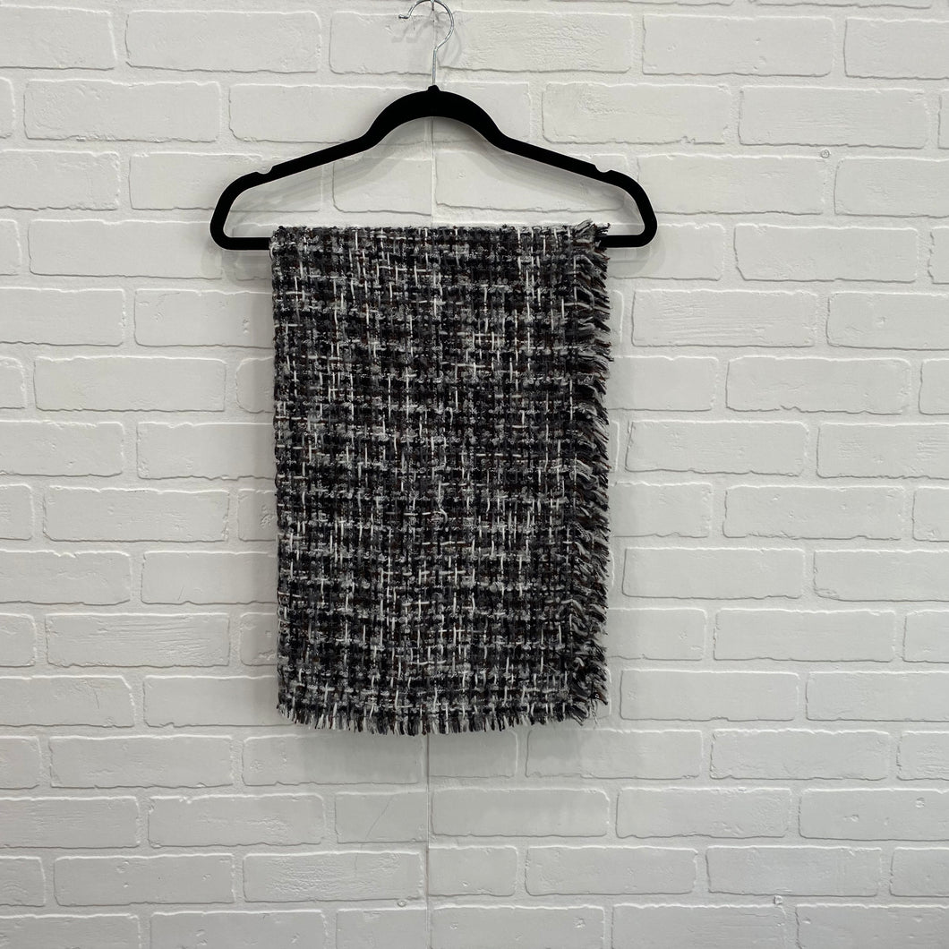 White And Black Scarf With Fringed Ends