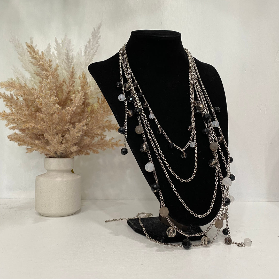 Layered Drooping Silver Necklace With Gems